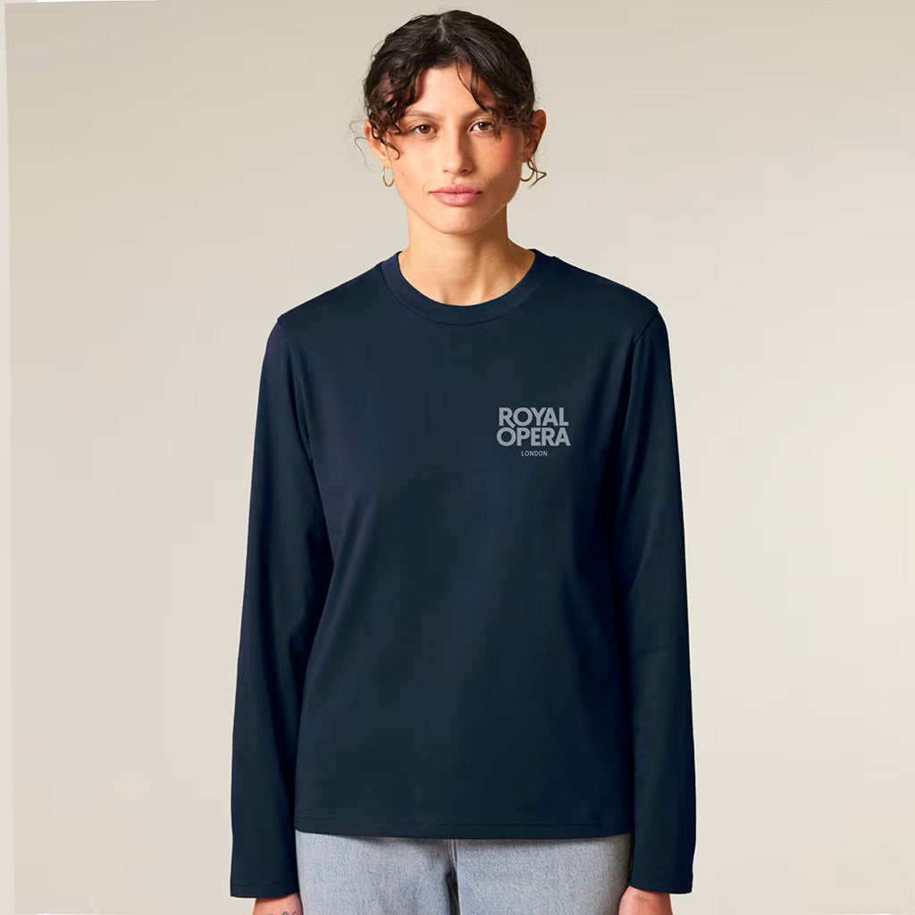 a women wearing a long sleeved  navy cotton top with  Royal Opera London on left chest