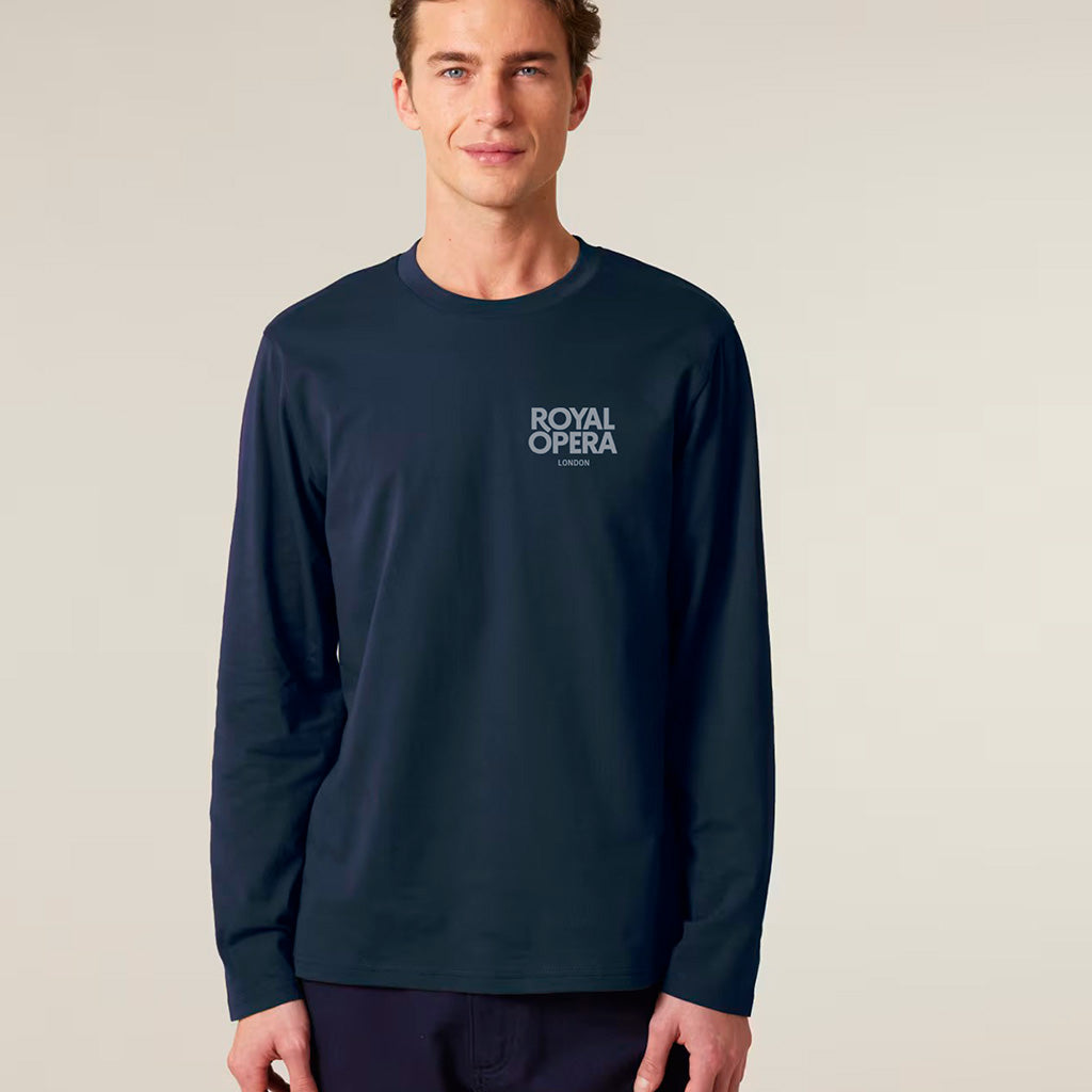 male model wearing a long sleeved cotton top with  Royal Opera London on left chest