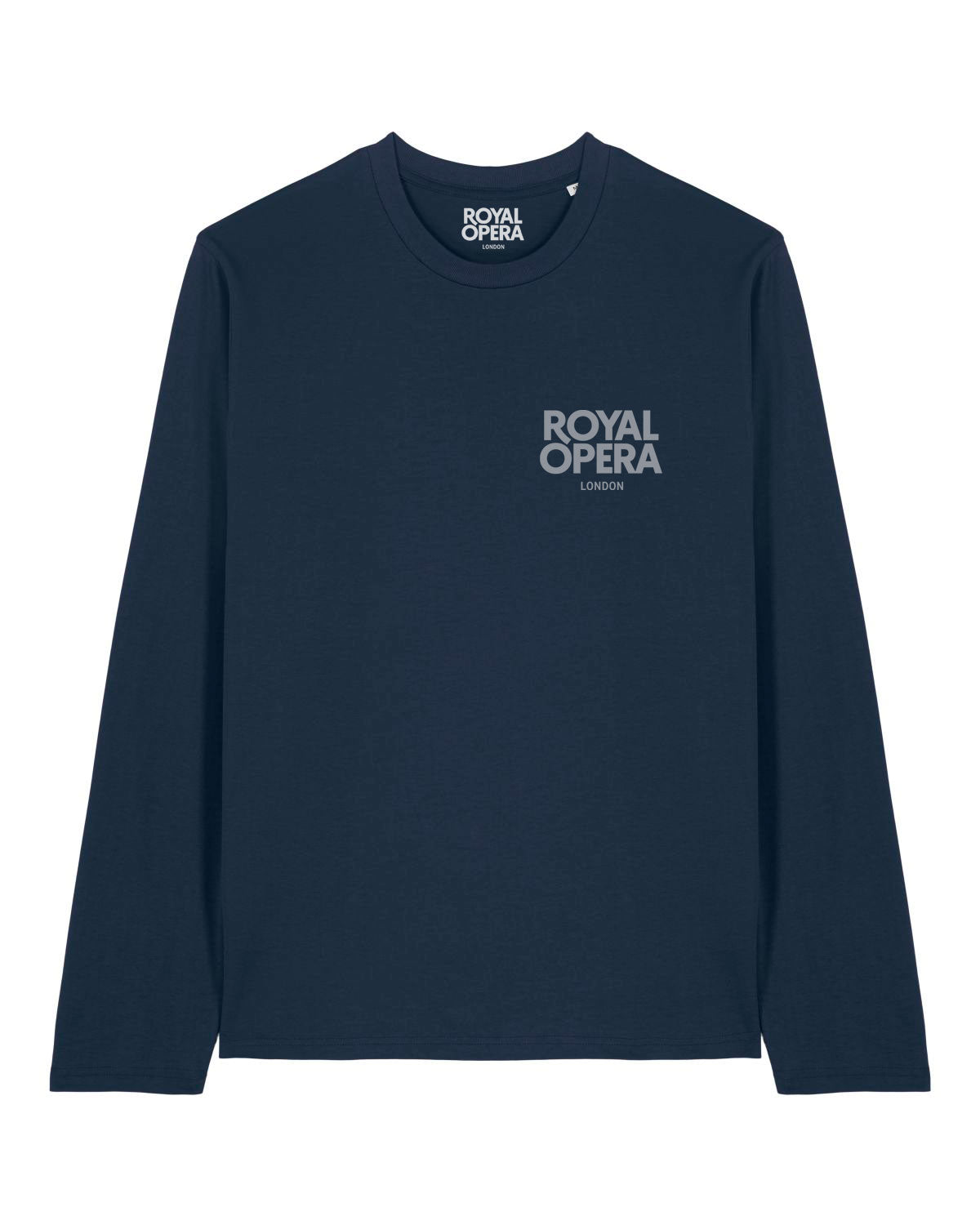 Navy blue long sleeve top with test Royal opera London on a white background