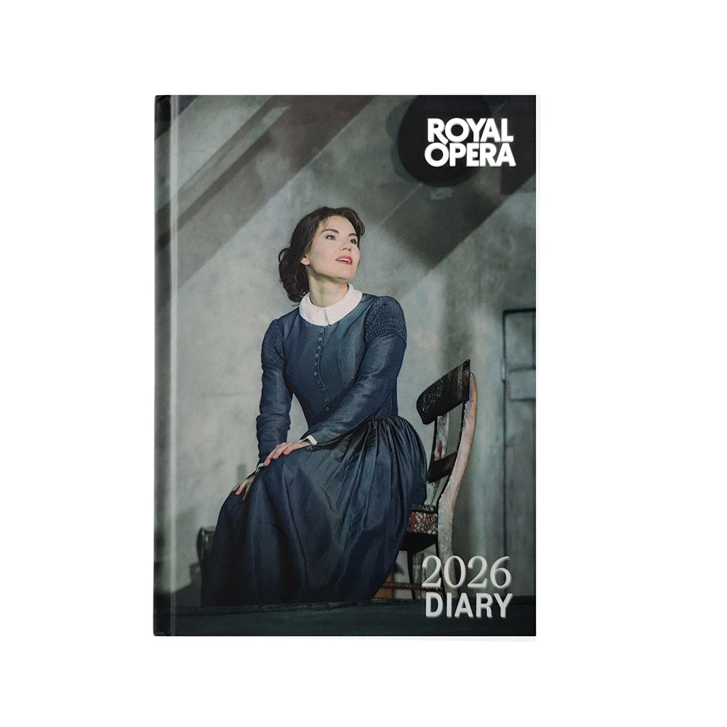 2026 diary cover with an opera singer in a blue dress sitting on a chair, featuring the Royal Opera branding.