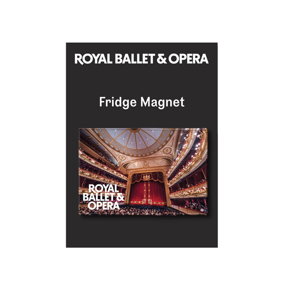 A rectangular magnet of the Royal Opera House Auditorium on a black backing card featuring the words 'ROYAL BALLET &amp; OPERA' and 'Fridge Magnet'  shown on a plain white background.