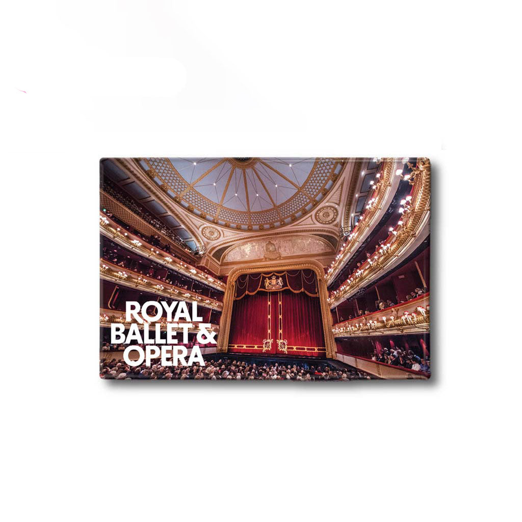 A rectangular magnet of the Royal Opera House Auditorium on a black backing card featuring the words 'ROYAL BALLET & OPERA' and 'Fridge Magnet'  shown on a plain white background.