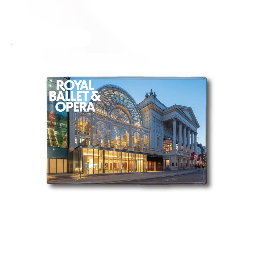 A rectangular fridge magnet featuring a photo of the Royal Opera House from Bow Street, presented on a black backing card with white text reading 'ROYAL BALLET & OPERA' and 'Fridge Magnet'.