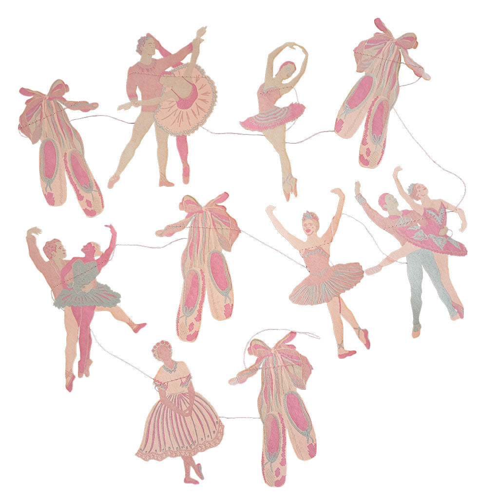 A vintage-style decorative garland featuring multiple ballerina and dancer figures in pink, blush, and beige tones, interspersed with large ballet pointe shoes on a plain white background.