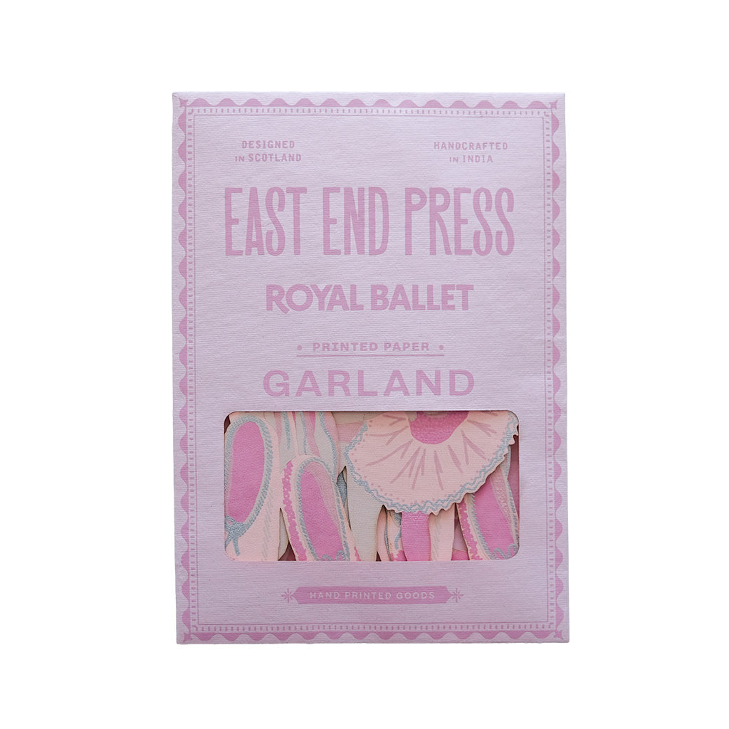 East End Press Royal Ballet Garland printed paper, featuring a light pink packaging box with a clear window showing the pink and white ballet shoe garland inside.