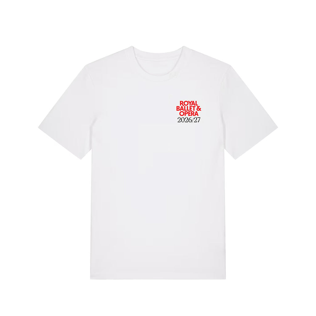 A white short-sleeve crewneck t-shirt with a small red Royal Ballet and Opera logo with black text 2026/27 on the left chest reading 