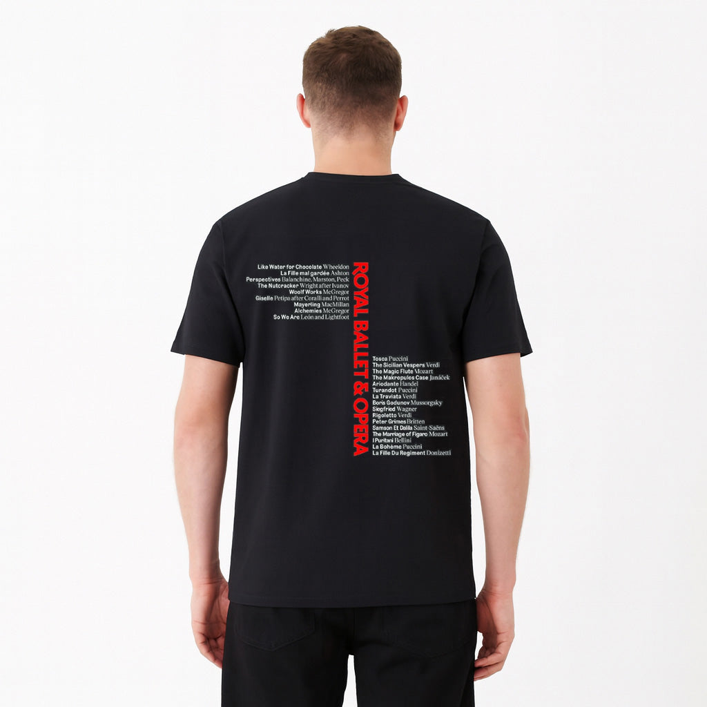 Person wearing a black t-shirt with text on the back, listing the seasons productions standing against a white background