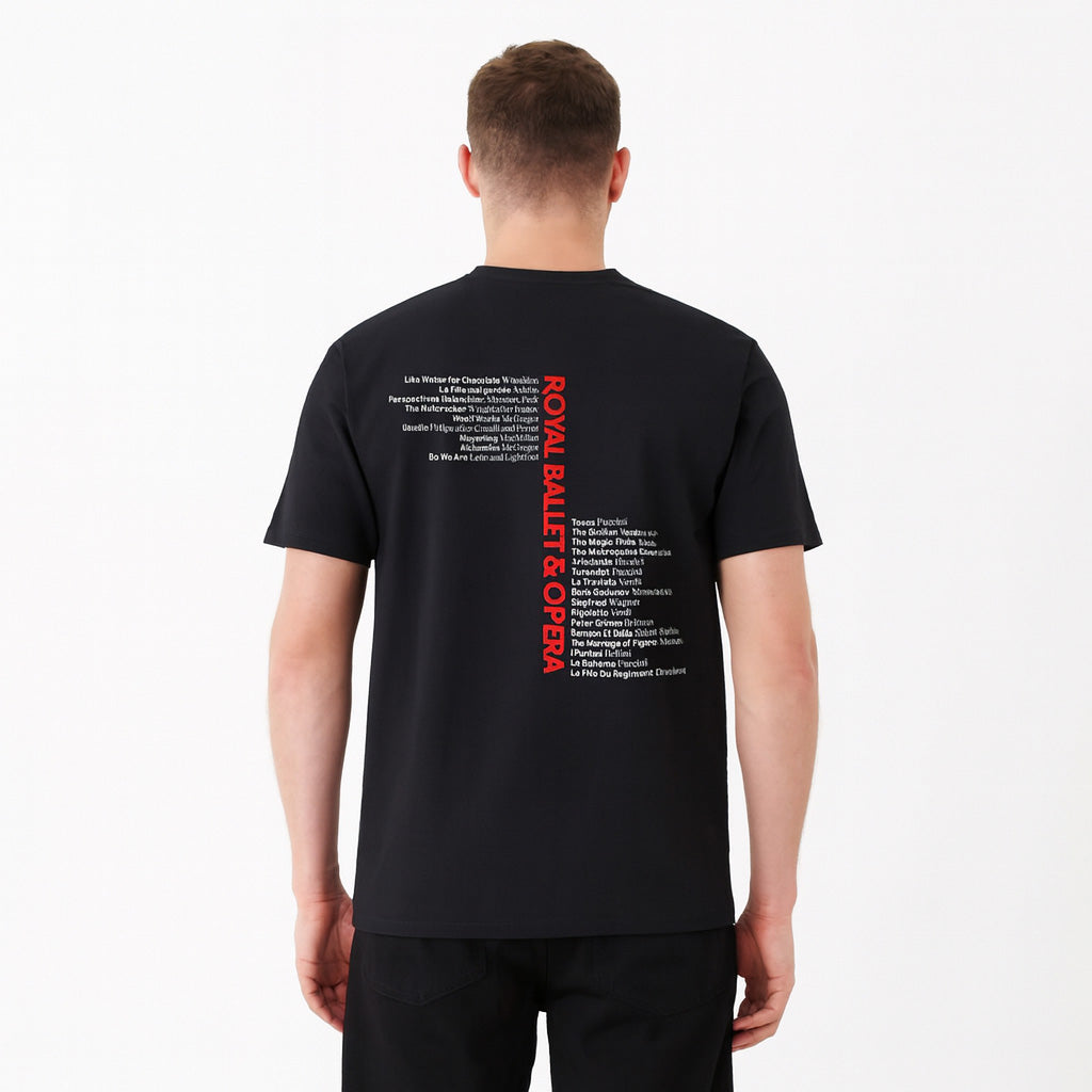 Black t-shirt with red text 'Royal Ballet & Opera' and white text 2025/26 on a white background