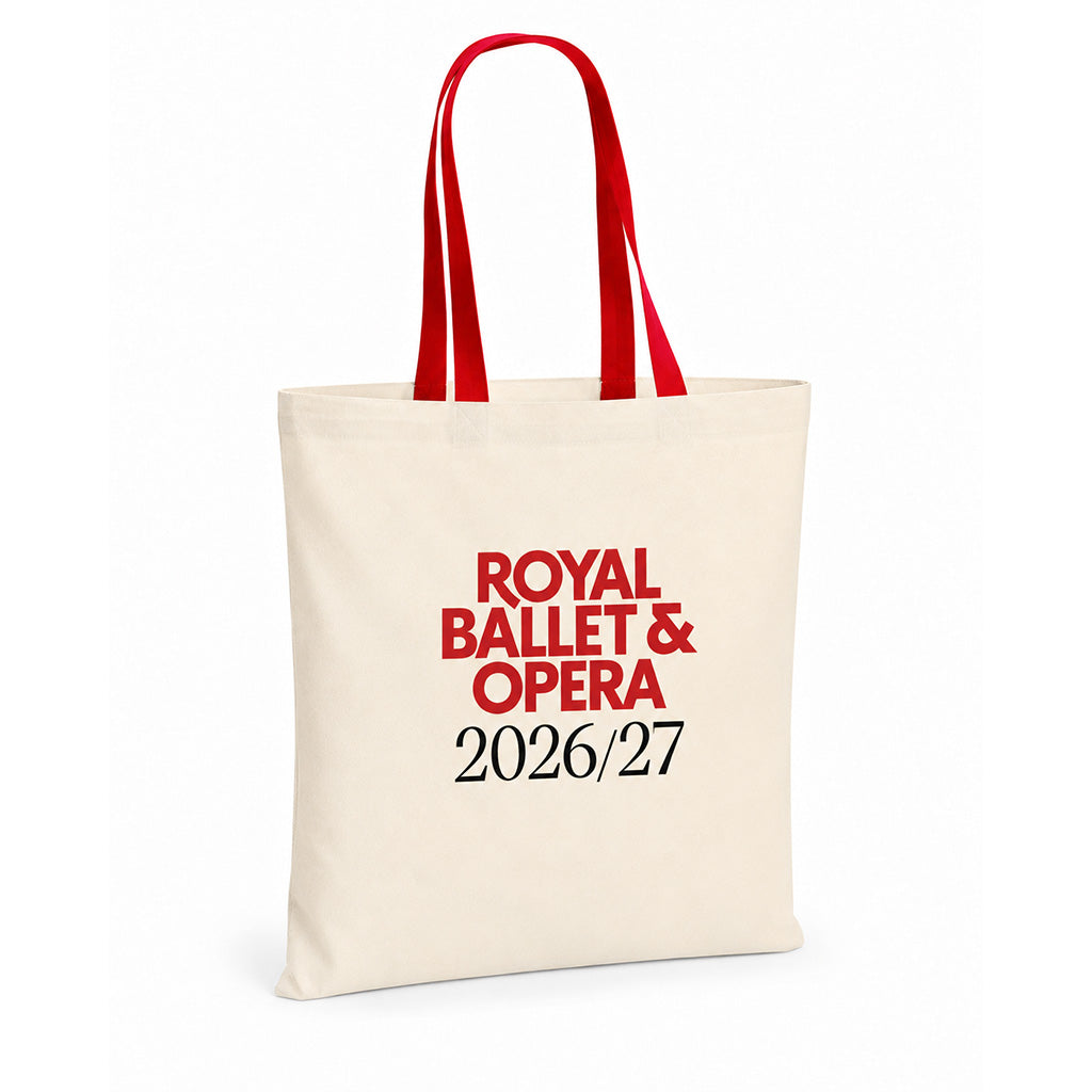 cream cotton tote with red text Royal Ballet &amp; Opera and black text 2026/27 with red handles on a white background