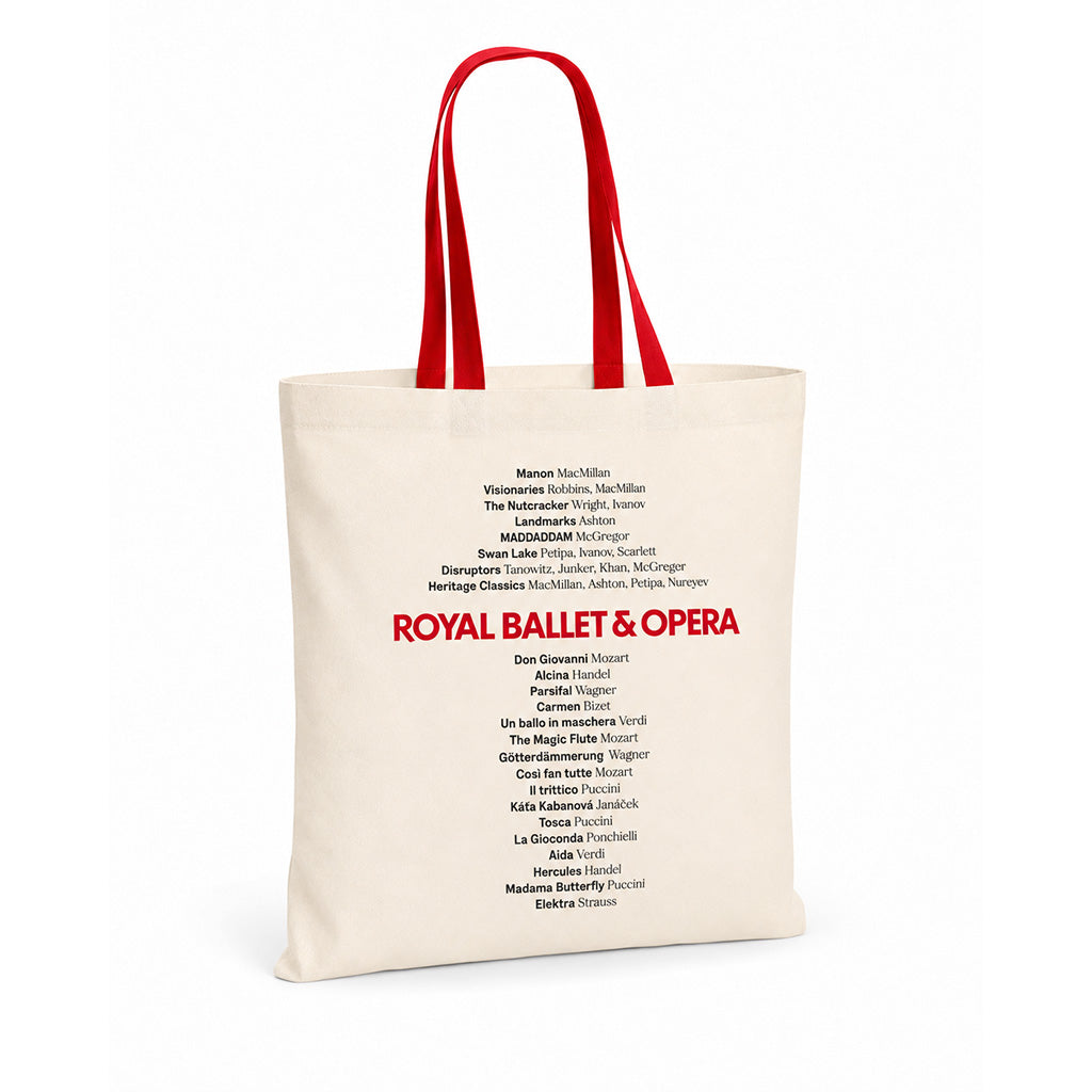 Royal Ballet and Opera Tote with text listing the production for Season 26/27 on a white background
