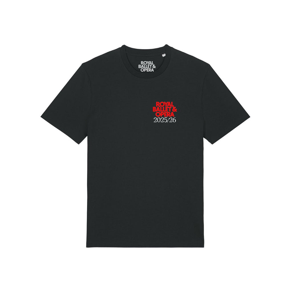 Black t-shirt with red text &#39;Royal Ballet &amp; Opera&#39; and white text 2025/26 on a white background