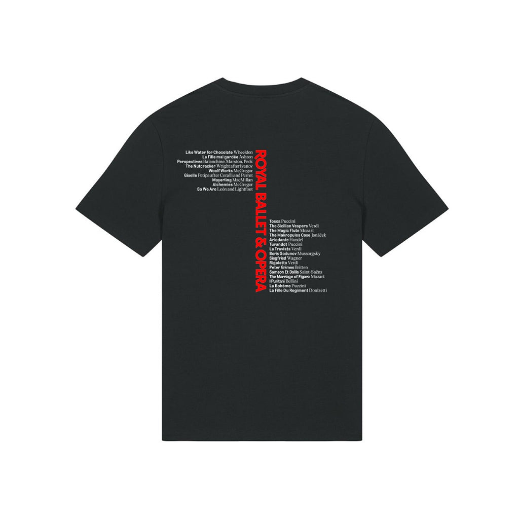 Black t-shirt with red and white text listing the new seasons opera and ballet productions on a white background