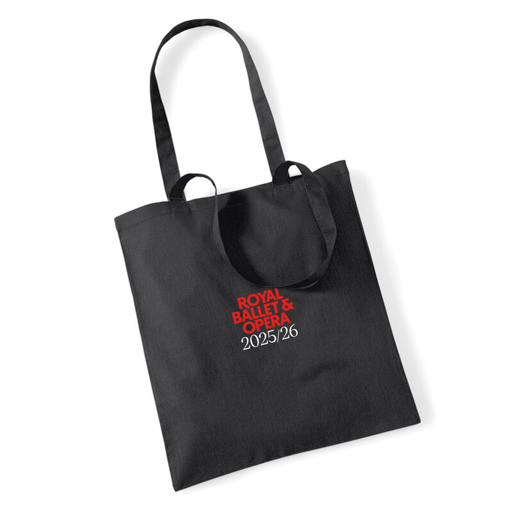Black tote bag with &#39;Royal Ballet &amp; Opera 2025/26&#39; text on a white background