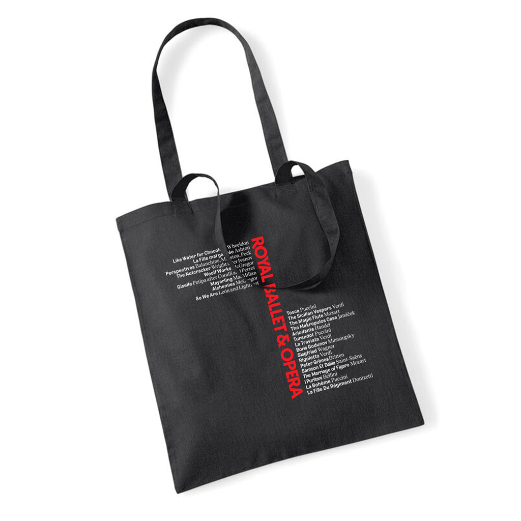 Black tote bag with red and white text listing the new seasons opera and ballet productions on a white background