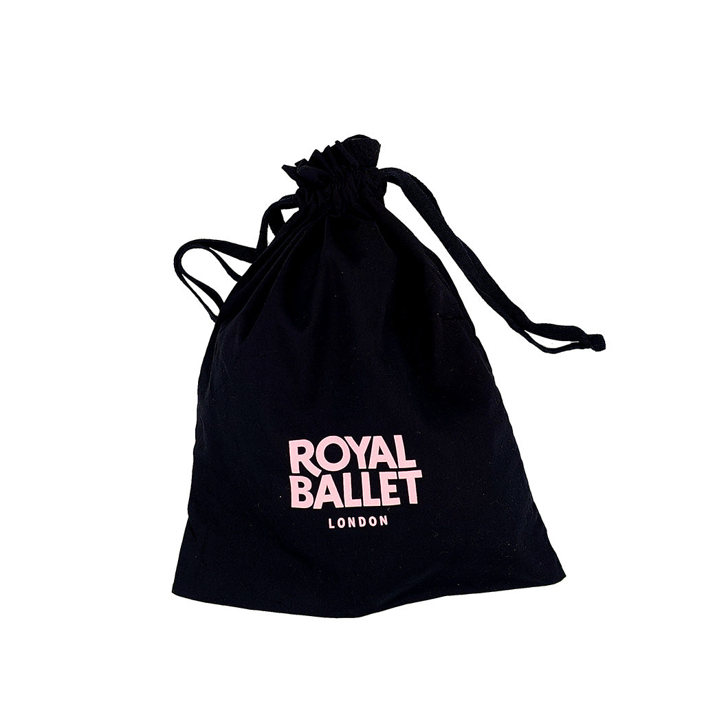 Black drawstring ballet shoe bag with 'Royal Ballet London' text on a white background