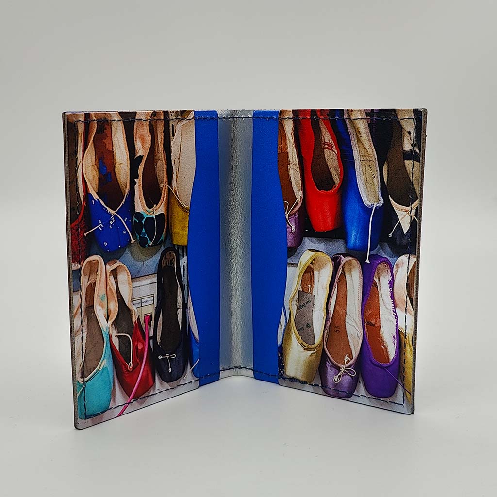 Cardholder with colourful ballet pointe shoe design on a gray background