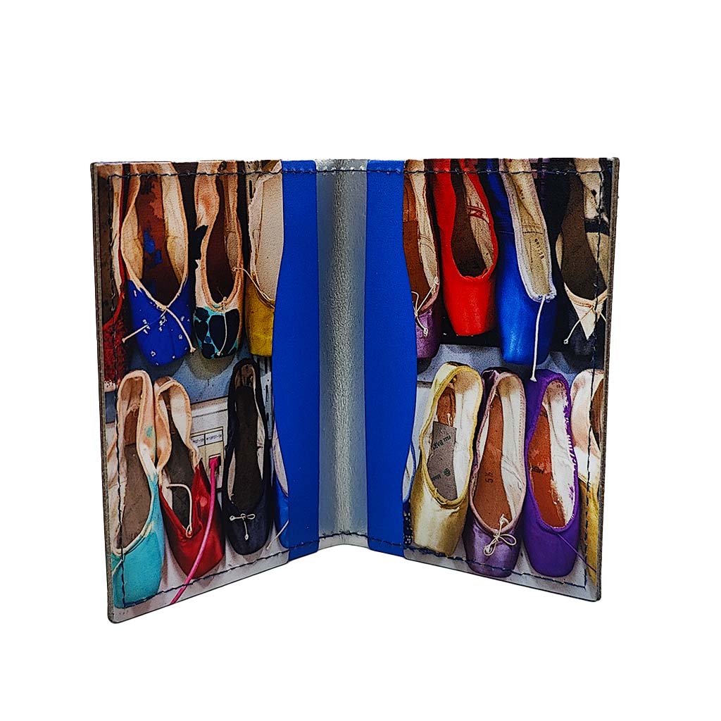 Cardholder with colourful ballet pointe shoe design on a white background