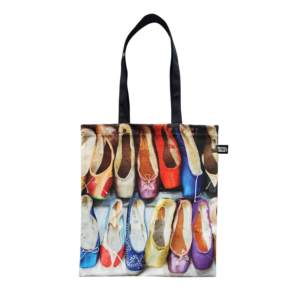 Tote bag with colourful ballet shoes design on a white background