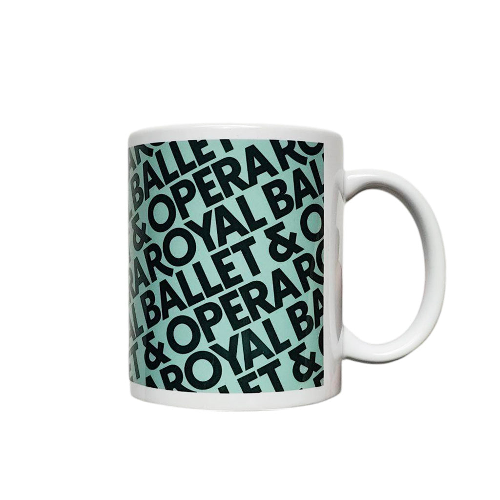 Mug with Green &#39;Royal Ballet &amp; Opera&#39; pattern on a  white background