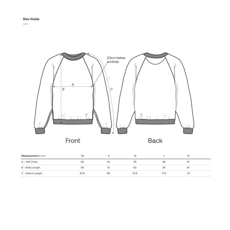 Measurement guide for a sweatshirt with front and back views on a white background