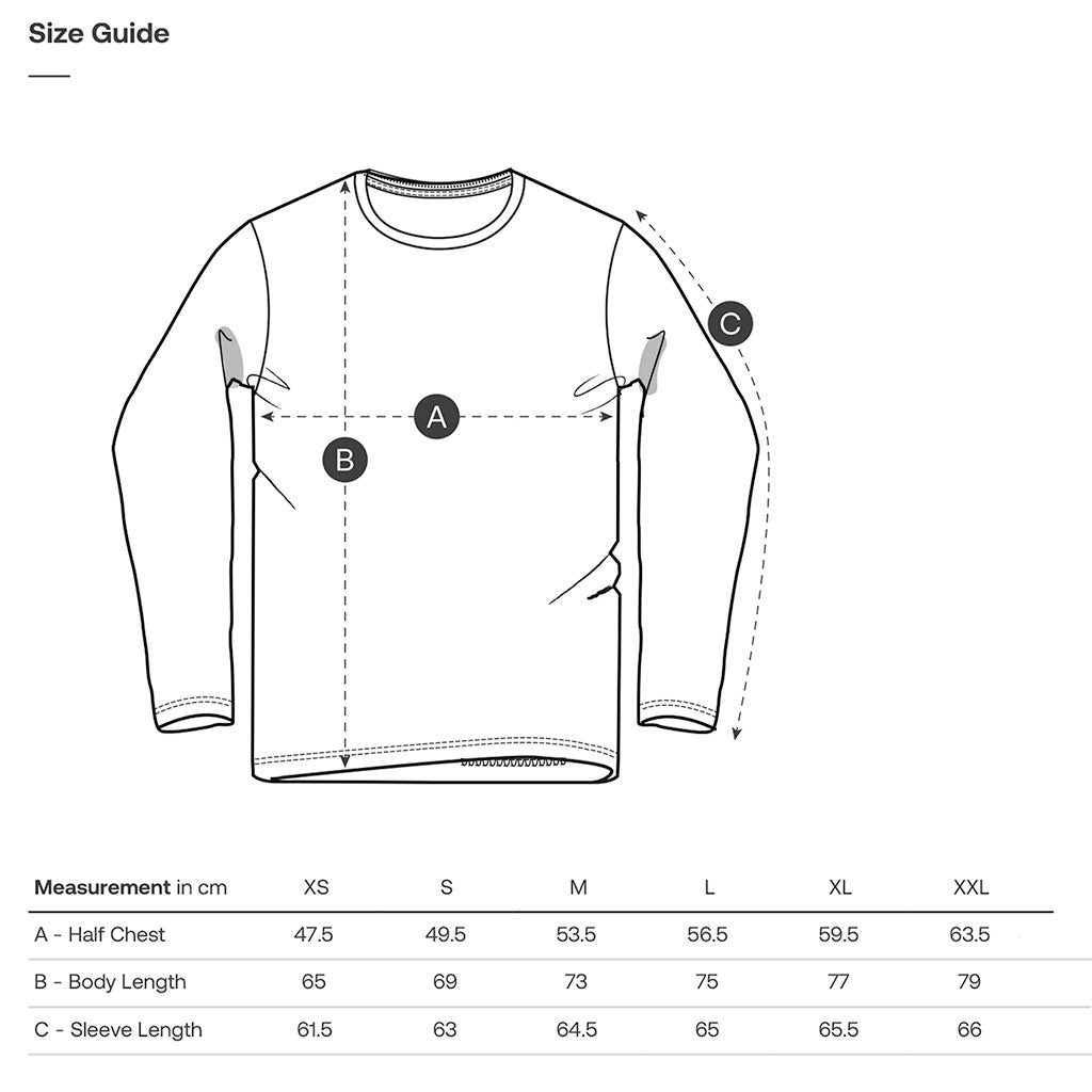 size chart for the Royal Opera Long Sleeve Top for adults with an clothing illustration and a table with measurements