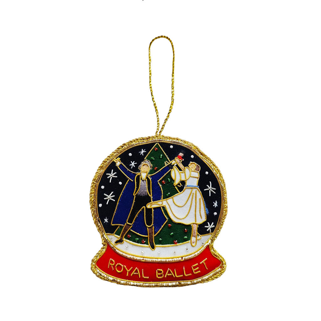 Nutcracker Snowglobe decoration with two dancers 'Royal Ballet' text, and Christmas tree design on a white background.