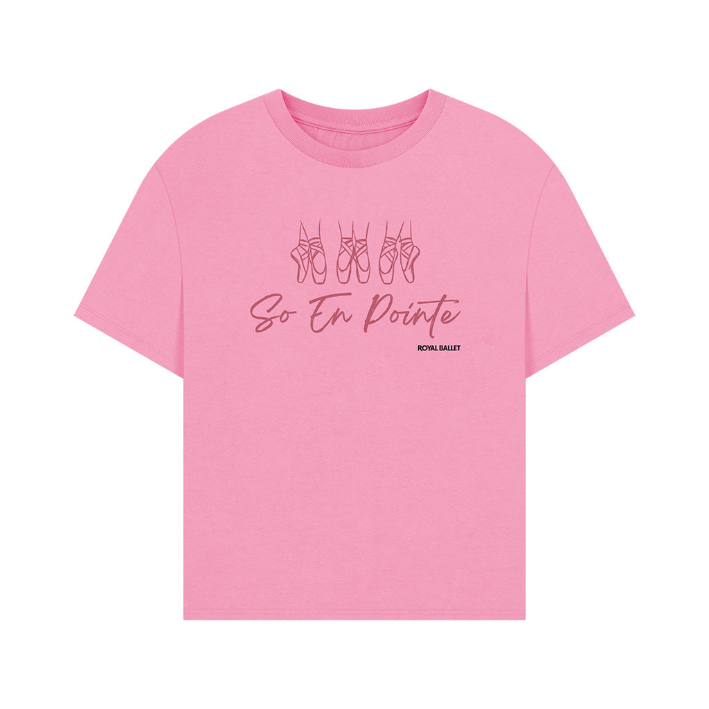 Pink  Printed T-shirt with pink text 'So en pointe' and black text 'Royal Ballet' on a white background