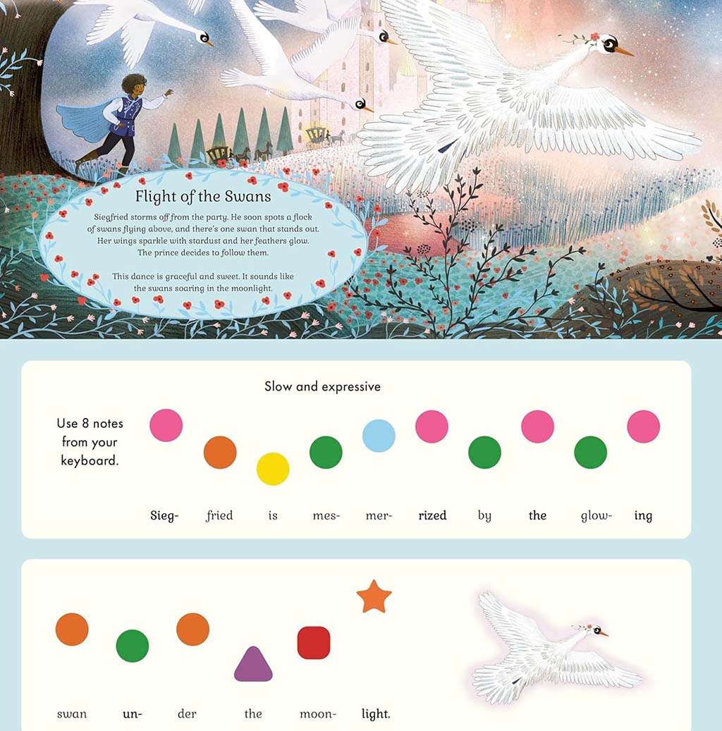 Illustrated page from a children&#39;s book with swans and musical notes.