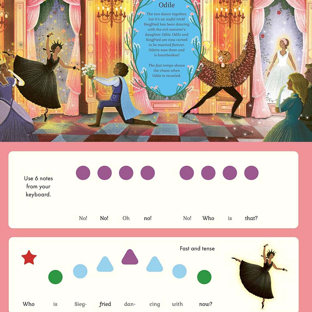 Illustrated scene from the ballet Swan Lake with characters and text, featuring a colourful checkered floor and decorative curtains.