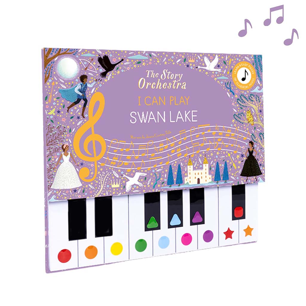 Children&#39;s book titled &#39;I Can Play Swan Lake&#39; from The Story Orchestra with musical notes and piano keys on a purple background.