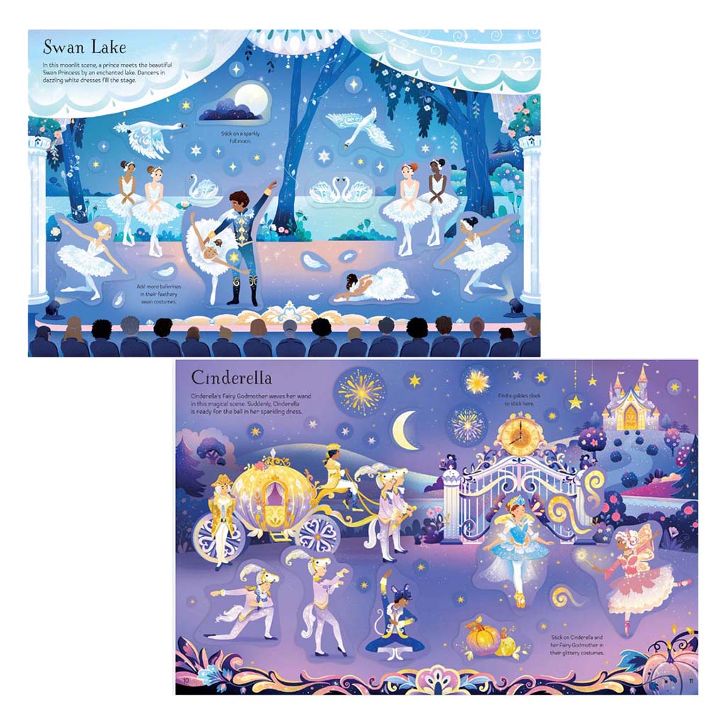inside the sparkly sticker book 2 double pages of Swan lake and Cinderella ballet  illustration and stickers 