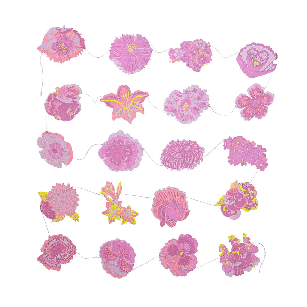 Decorative garland with pink floral designs on a white background