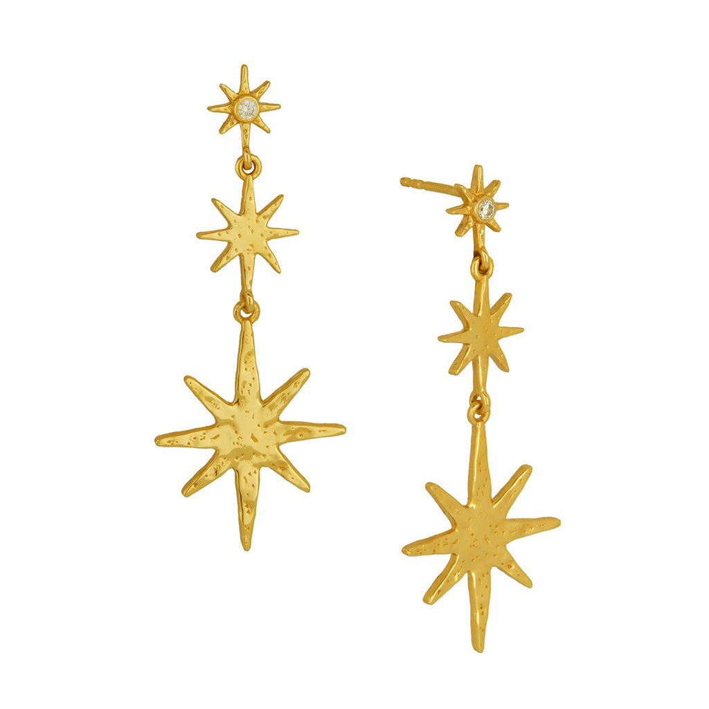 gold plated star drop earrings on a white background