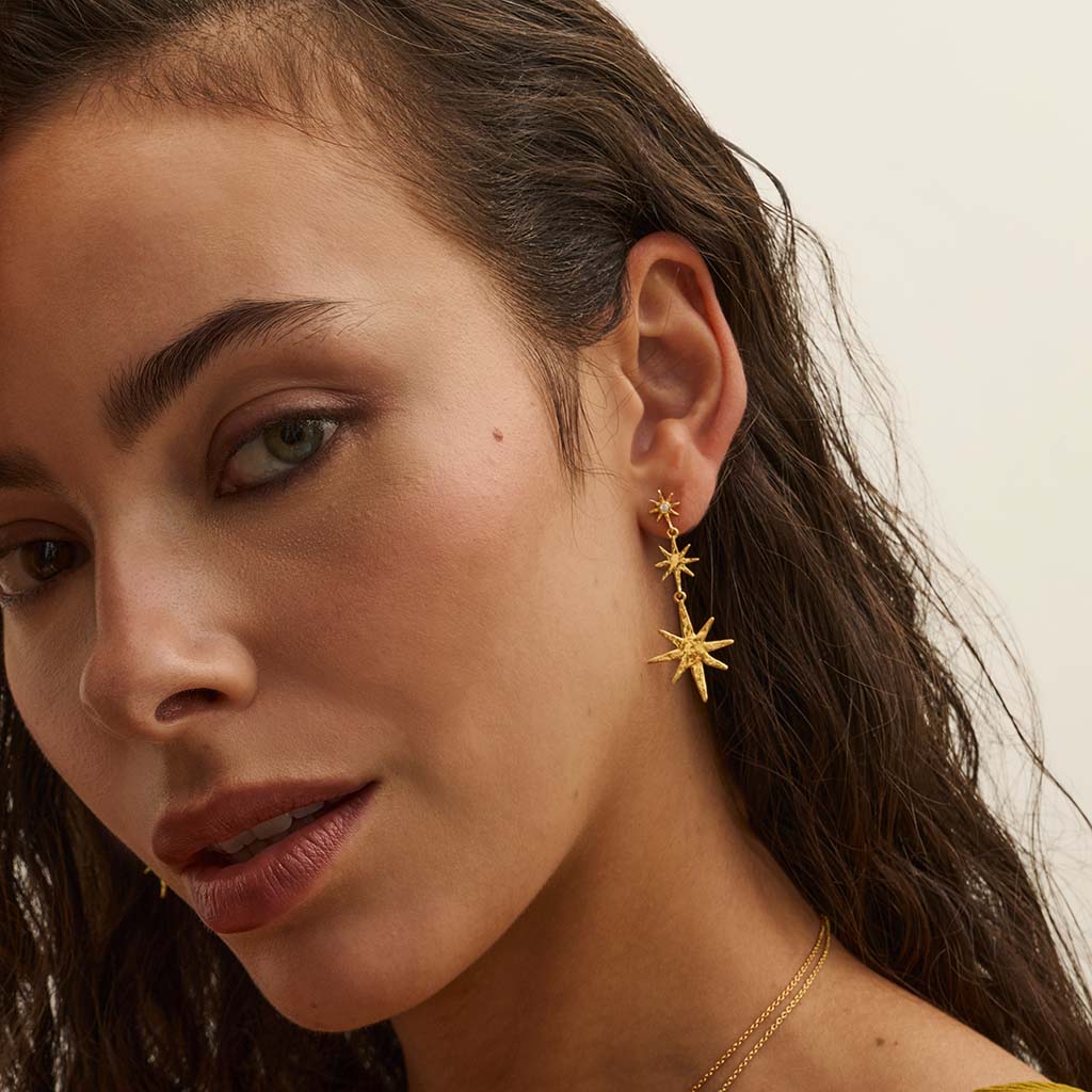 model wearing star drop earrings
