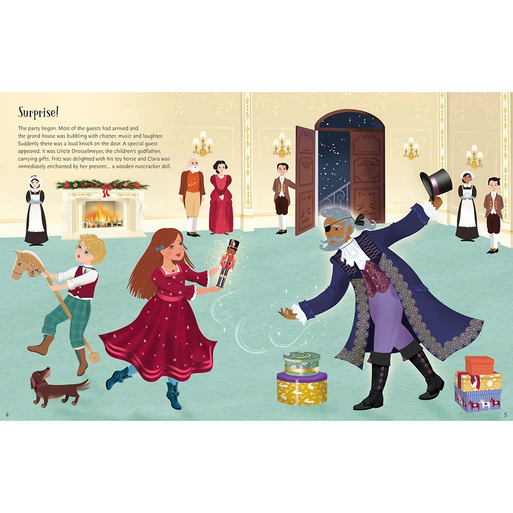 inside The Nutcracker Sticker Book, Clara dancing with a nutcracker at a party