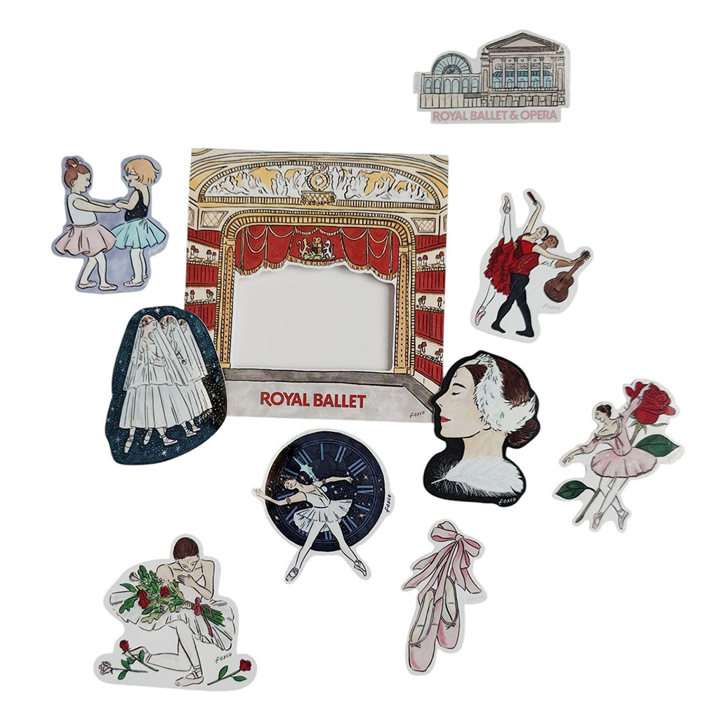 Set of Royal Ballet-themed stickers  including dancers, ballet shoes, the RBO building in a cute stage packaging a white background.