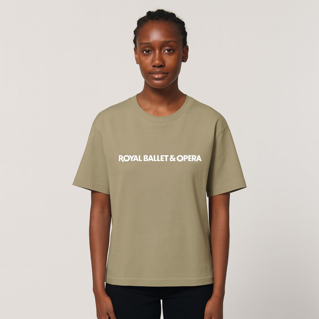 Stone coloured  t-shirt with 'ROYAL BALLET & OPERA' in white text on the front on a white background