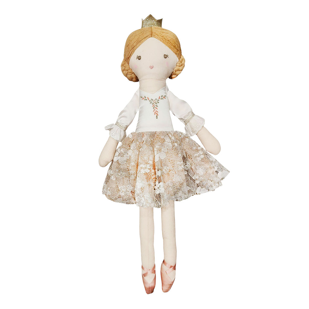 Sugar Plum Fairy Doll with a white dress and lace skirt on a white background