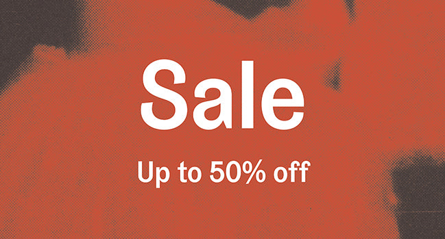  red banner with white text sale up to 50% off