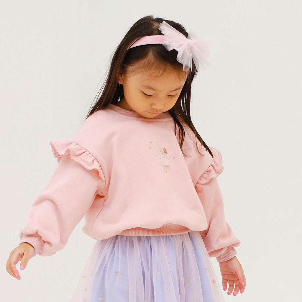 pink ballerina sweater with embroidered detail and frill sleeves on a white background