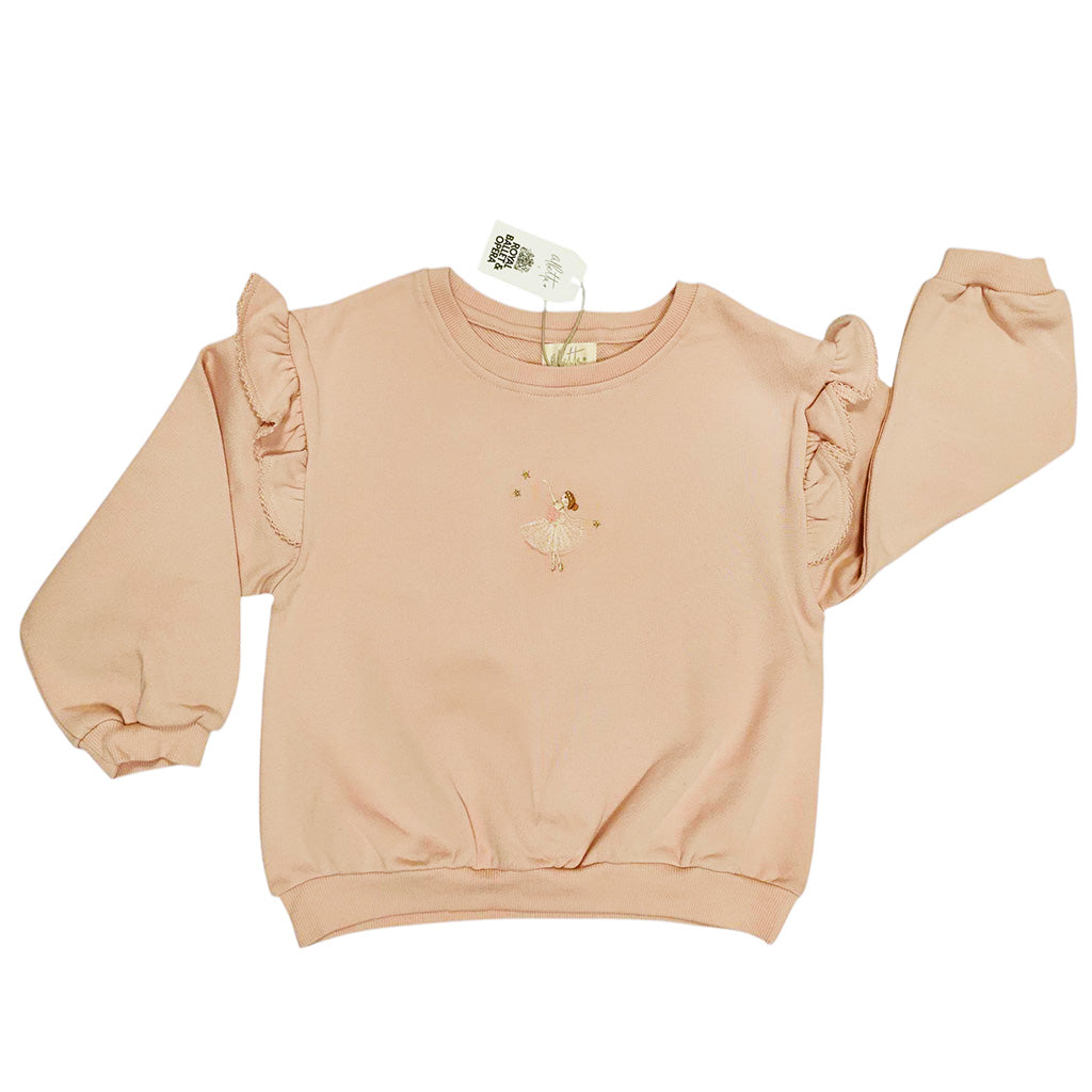 pink ballerina sweater with embroidered detail and frill sleeves on a white background