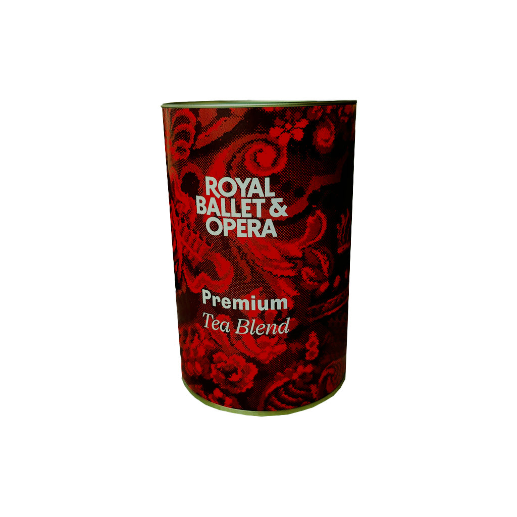 Tea canister with &#39;Royal Ballet &amp; Opera&#39; branding on a white background