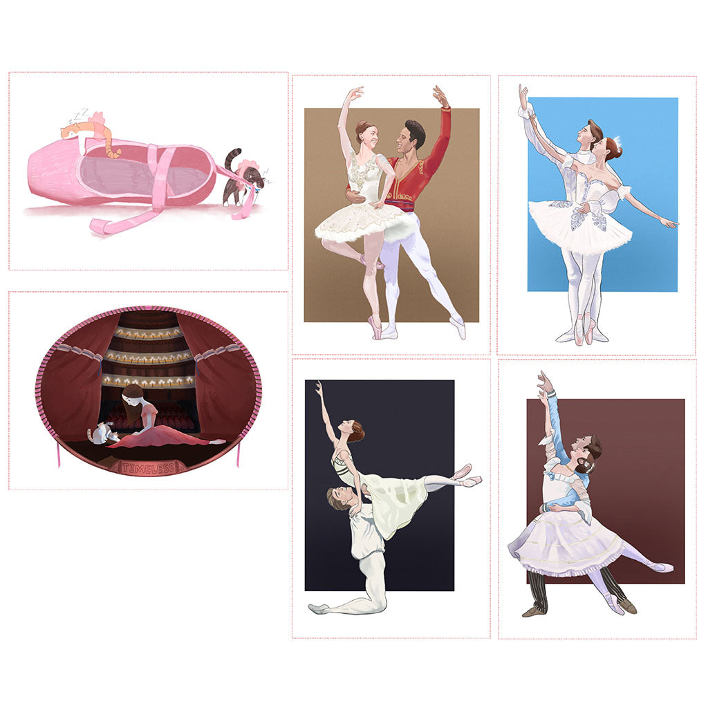 A collage of six ballet-themed postcards: a pink pointe shoe with ribbon and cats, a couple in white and red ballet poses, two ballerinas in white tutus against blue and tan backgrounds, a pink dress inside a red curtain, and a couple in white and pale blue ballet poses.
