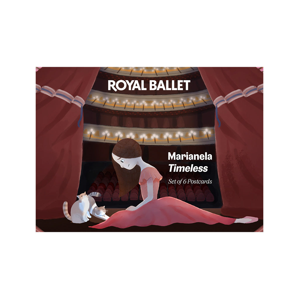 A postcard pack,  cover reading 'ROYAL BALLET' and 'Marianela Timeless Set of 6 Postcards,' showing a stylized scene of a woman in a pink dress on a stage with two cats, set against a dark theater interior and red curtains.