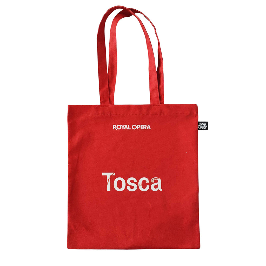 Red Tosca tote bag with 'Royal Opera Tosca' text on a white background