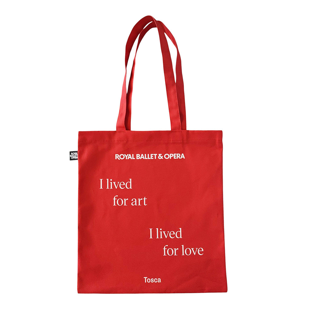 Red Tosca tote bag with text and Royal Ballet &amp; Opera branding on a white background
