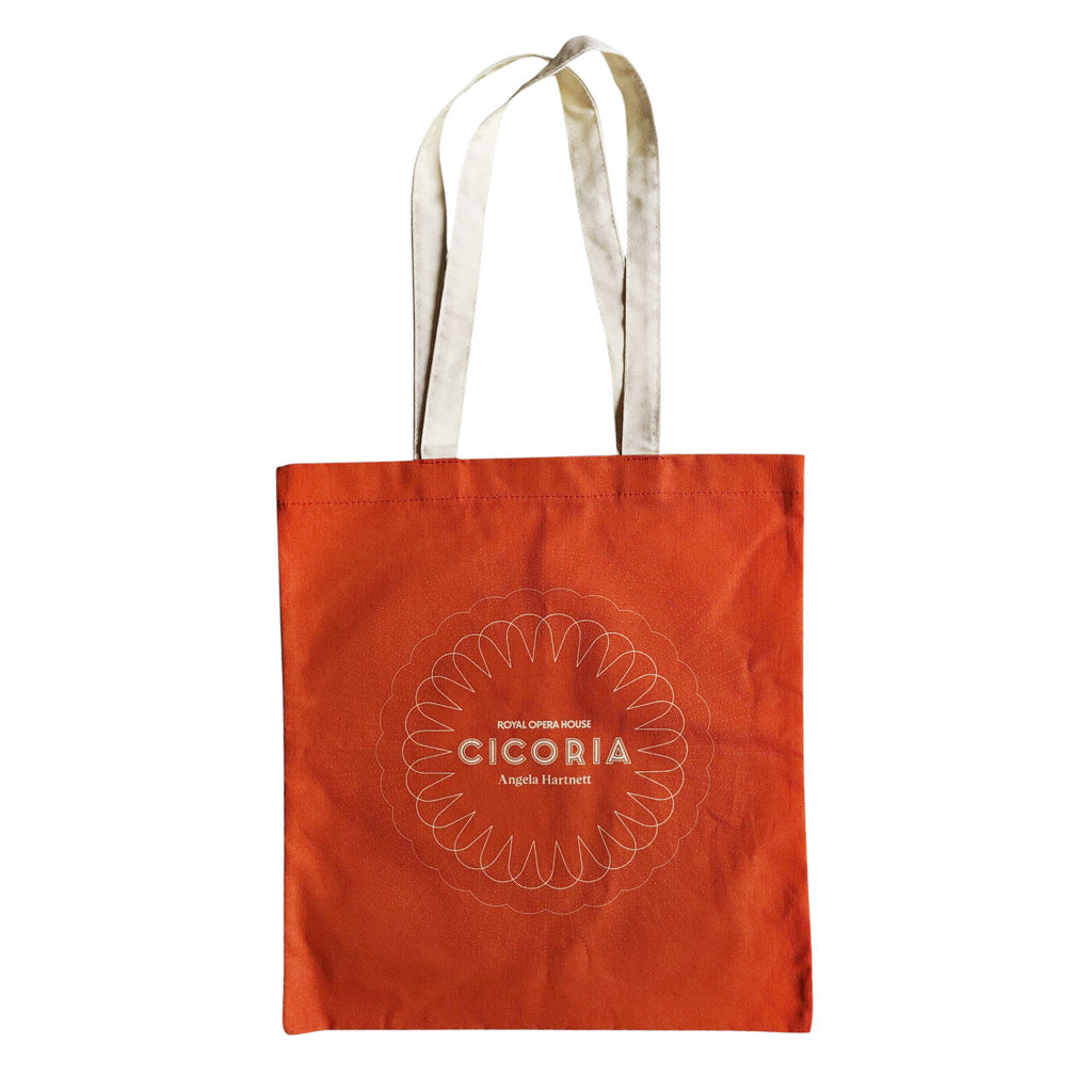 Burned orange tote bag with &#39;Royal Opera House, Cicoria, Angela Hartnett&#39; branding with cream straps on a white background