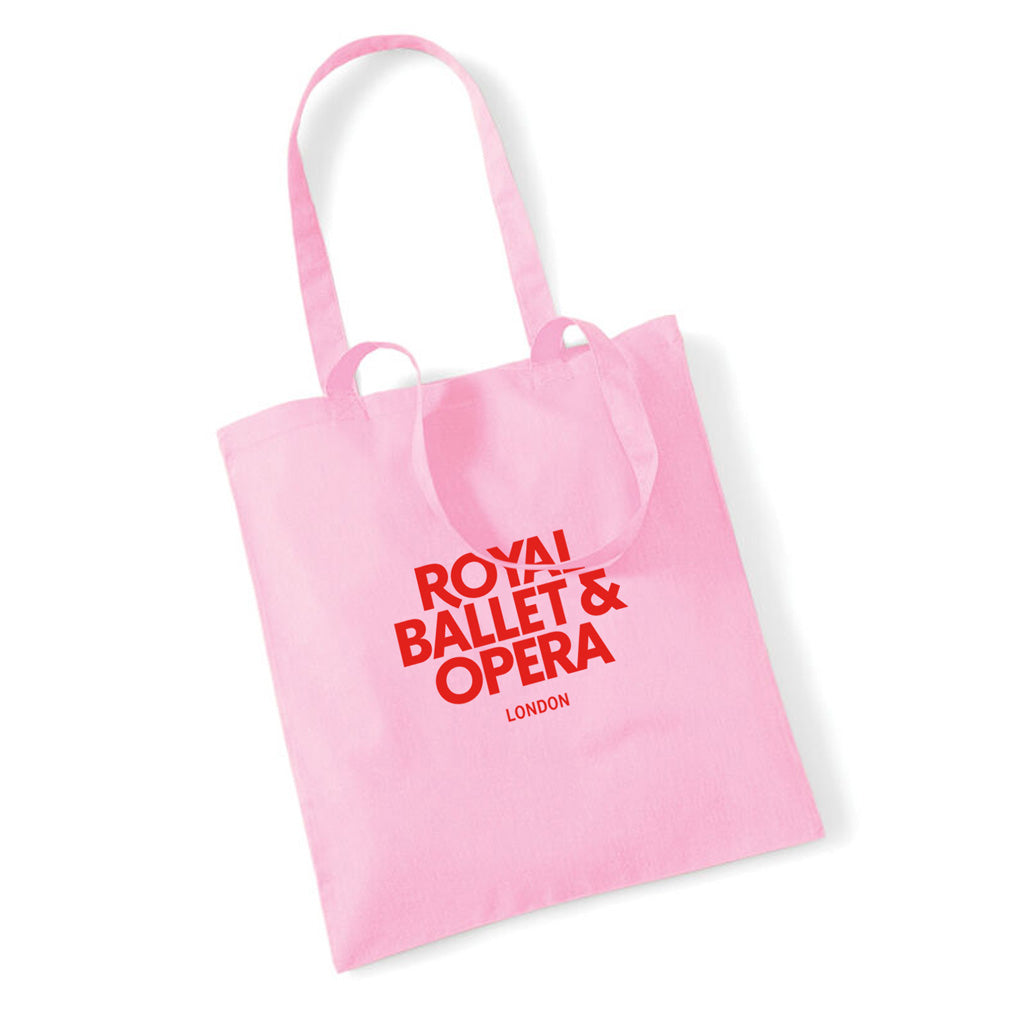 Pink tote with &#39;Royal Ballet &amp; Opera London&#39; in red text on the front