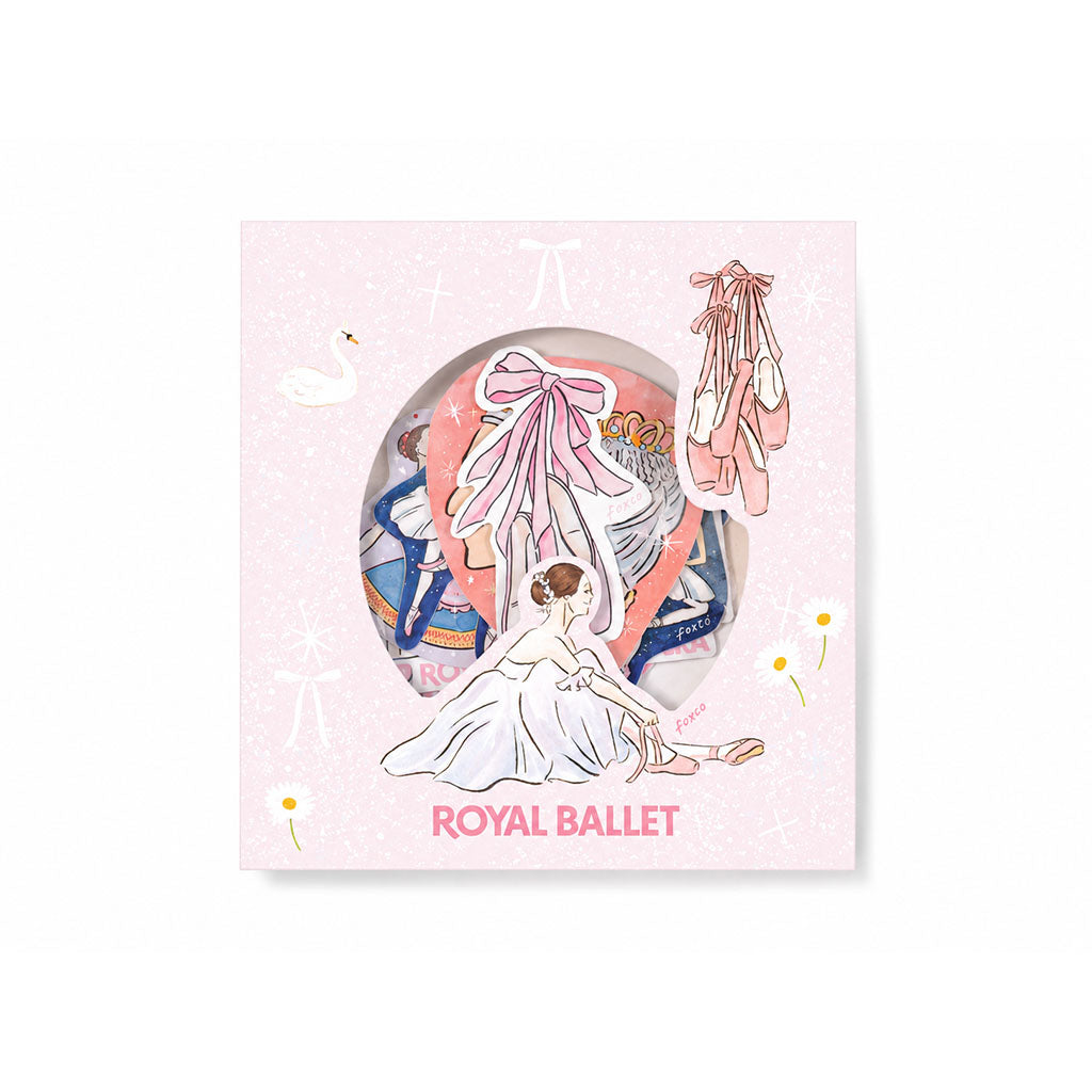 A set of stickers featuring ballet-themed illustrations, including ballerinas, dancers, ROH Facade, and the text 'ROYAL BALLET & OPERA', arranged on a plain white background.