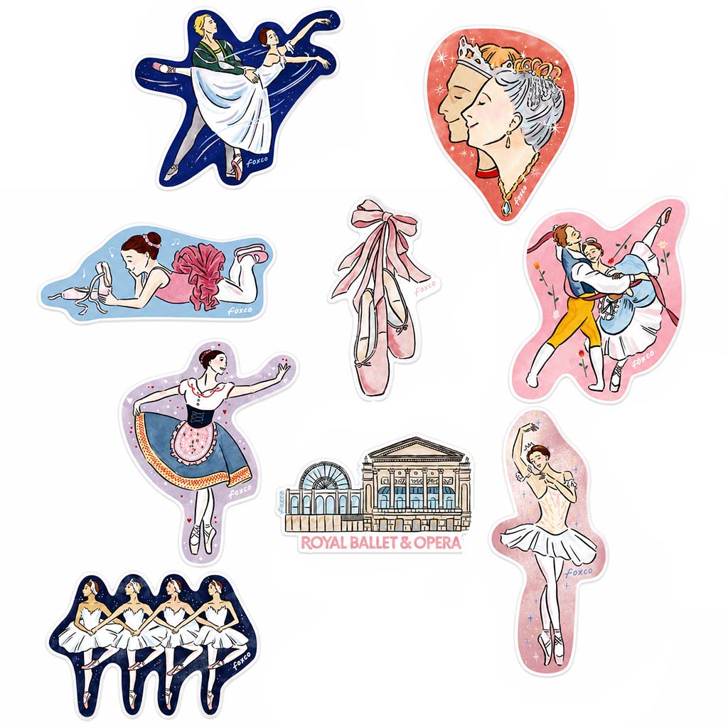 A set of stickers featuring ballet-themed illustrations, including ballerinas, dancers, ROH Facade, and the text 'ROYAL BALLET &amp; OPERA', arranged on a plain white background.